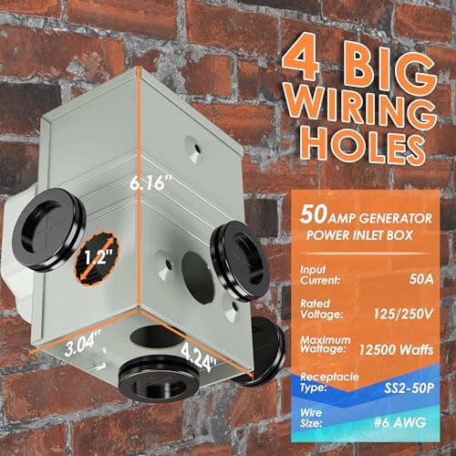 50 Amp 25FT Generator Cord and Power Inlet Box Combo Kit, UL Listed, NEMA 14-50P Male to SS2-50R STW 6/3+8/1 AWG 125/250V Twist Locking with Inlet Box for Generator to House image