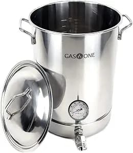 GasOne 8 Gallon Stainless Steel Home Brew Kettle Pot Pre Drilled 4 PC Set 32 Quart Tri Ply Bottom for Beer Brewing Includes Stainless Steel Lid, Thermometer, Ball Valve Spigot - Ho image