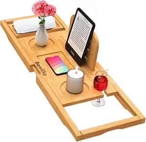 Premium Bamboo Bathtub Tray Caddy - Bath Tray - Bath Tub Tray Table for Bathtub - Bath Caddy Tray for Bathtub, Expandable Size, Fits Most Bath Tubs image