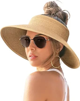 FURTALK Sun Visor Hats for Women Wide Brim Straw Ponytail Summer Beach Hat UV UPF Packable Foldable Travel image
