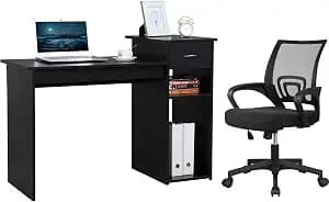 Yaheetech Home Office Modern Desk and Chair Set Computer Desk w/Drawer & Shelves with Ergonomic Mesh Height Adjustable Office Chair image