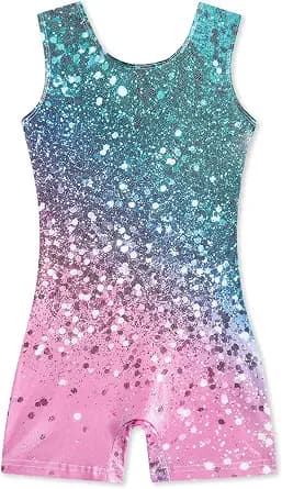 Funnycokid Girls Gymnastics Leotards with Shorts Sparkle Dance Unitards Mermaid Active Biketards 2-10 Years image